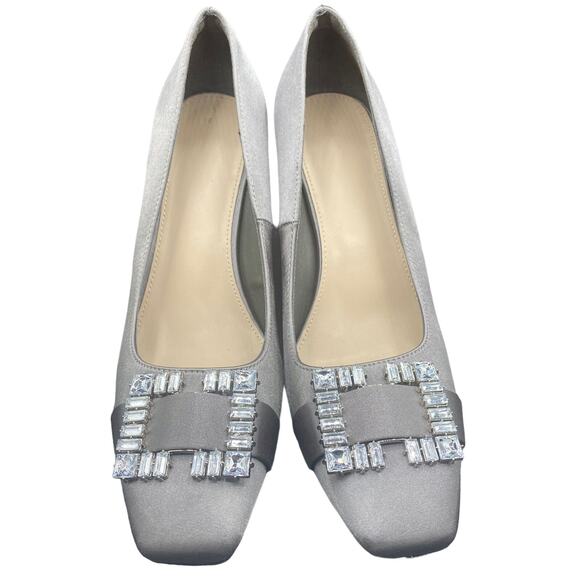 Unbranded Shoes - Women's 11 gray Square Toe slip flare heels Rhinestone buckle pump shoes